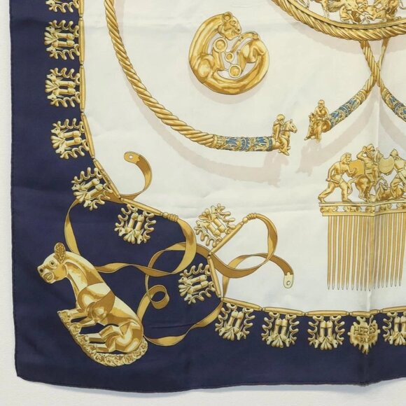 HERMES Carre 90 Scarf ""LES CAVALIERS D'OR"" Silk Navy Auth - Picture 8 of 15